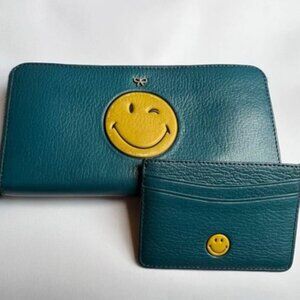 ANYA HINDMARCH Smiley Large Zip Long Wallet & Card Case Blue Set of 2 Used